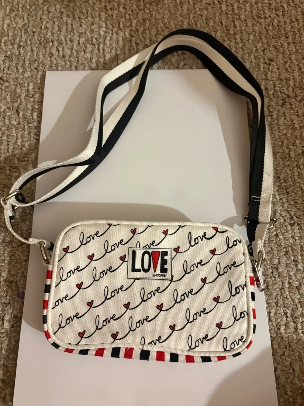 LOVE Script Crossbody Bag in White with Red & Black Accents